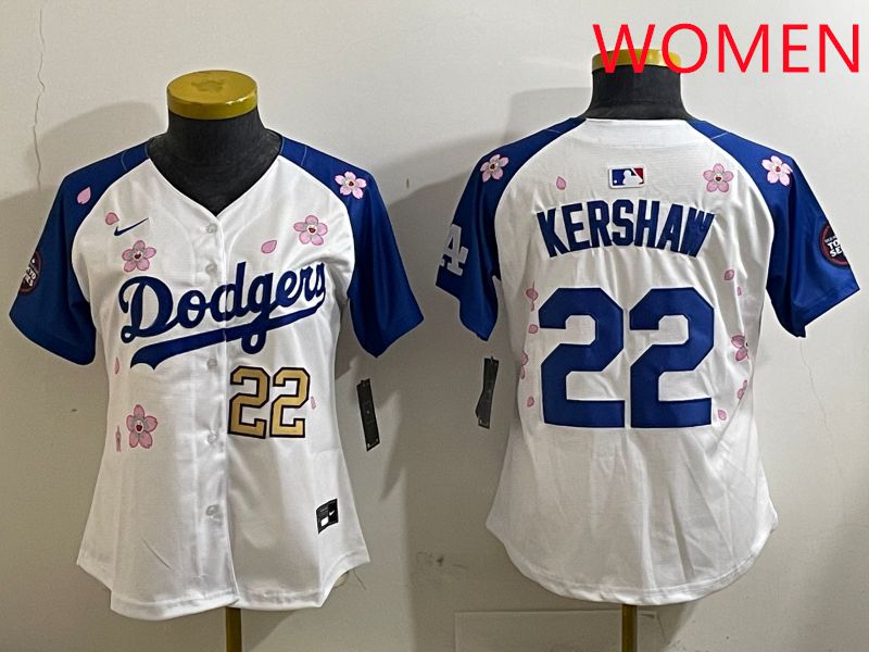 Women Los Angeles Dodgers #22 Kershaw White Blue Sakura Edition 2025 Nike MLB Jersey style 3->women mlb jersey->Women Jersey